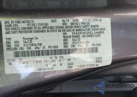 2014 Ford Focus Se z USA, uszkodzony, nr VIN 1FADP3F25EL344880